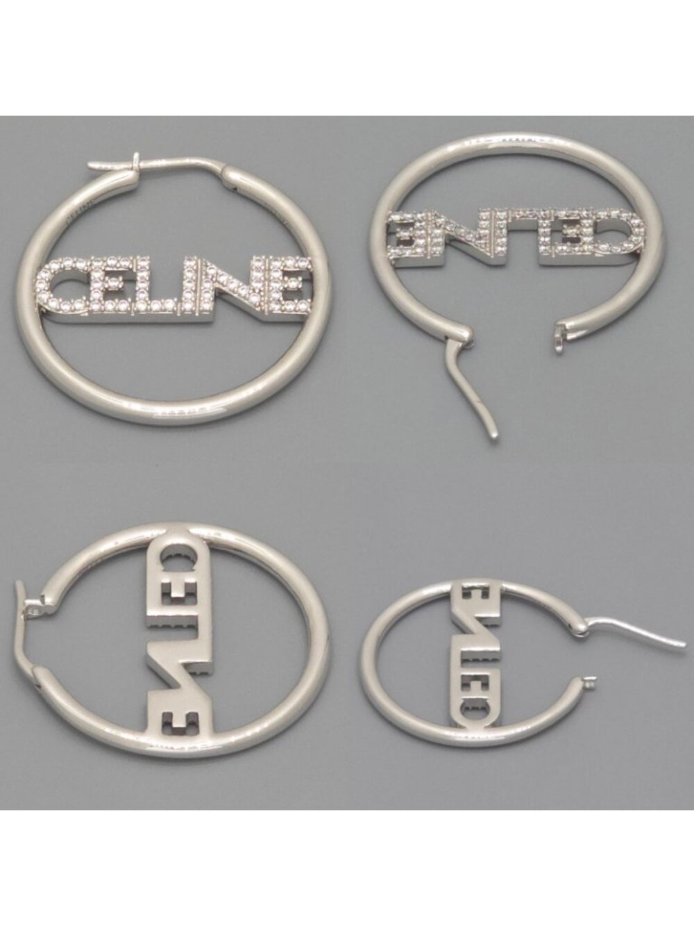 Celine Monochrome Strass Hoop Earrings Logo Crystal Rhodium Finish Brass Box - Picture 4 of 10
